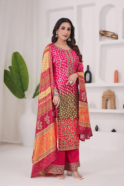 Printed Chinon Silk Long Kurti Palazzo Set with Dupatta