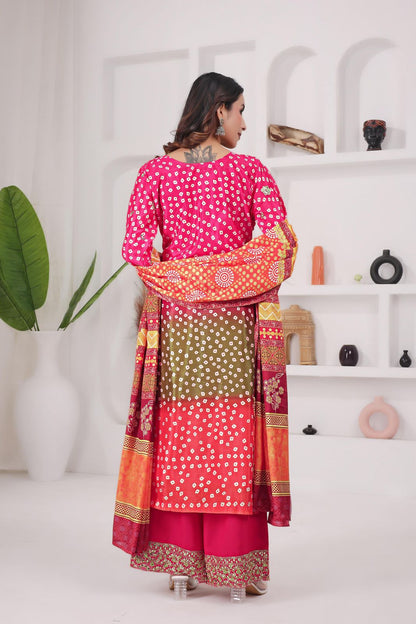 Printed Chinon Silk Long Kurti Palazzo Set with Dupatta