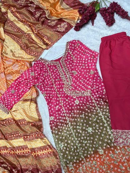 Printed Chinon Silk Long Kurti Palazzo Set with Dupatta