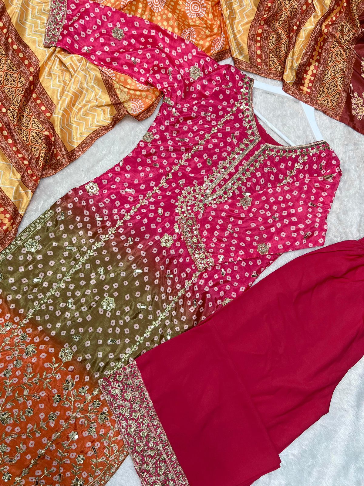 Printed Chinon Silk Long Kurti Palazzo Set with Dupatta