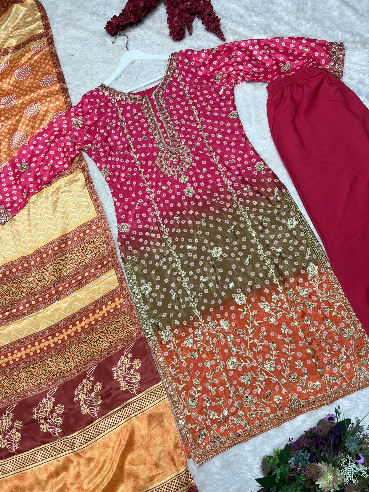 Printed Chinon Silk Long Kurti Palazzo Set with Dupatta