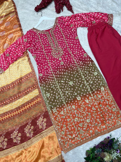 Printed Chinon Silk Long Kurti Palazzo Set with Dupatta