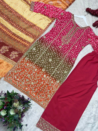 Printed Chinon Silk Long Kurti Palazzo Set with Dupatta