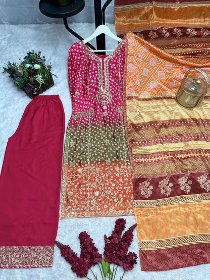 Printed Chinon Silk Long Kurti Palazzo Set with Dupatta