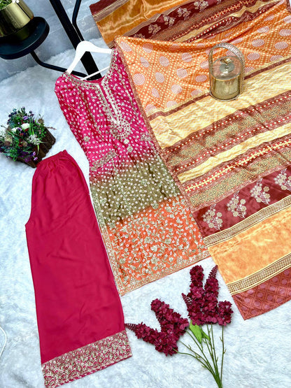 Printed Chinon Silk Long Kurti Palazzo Set with Dupatta