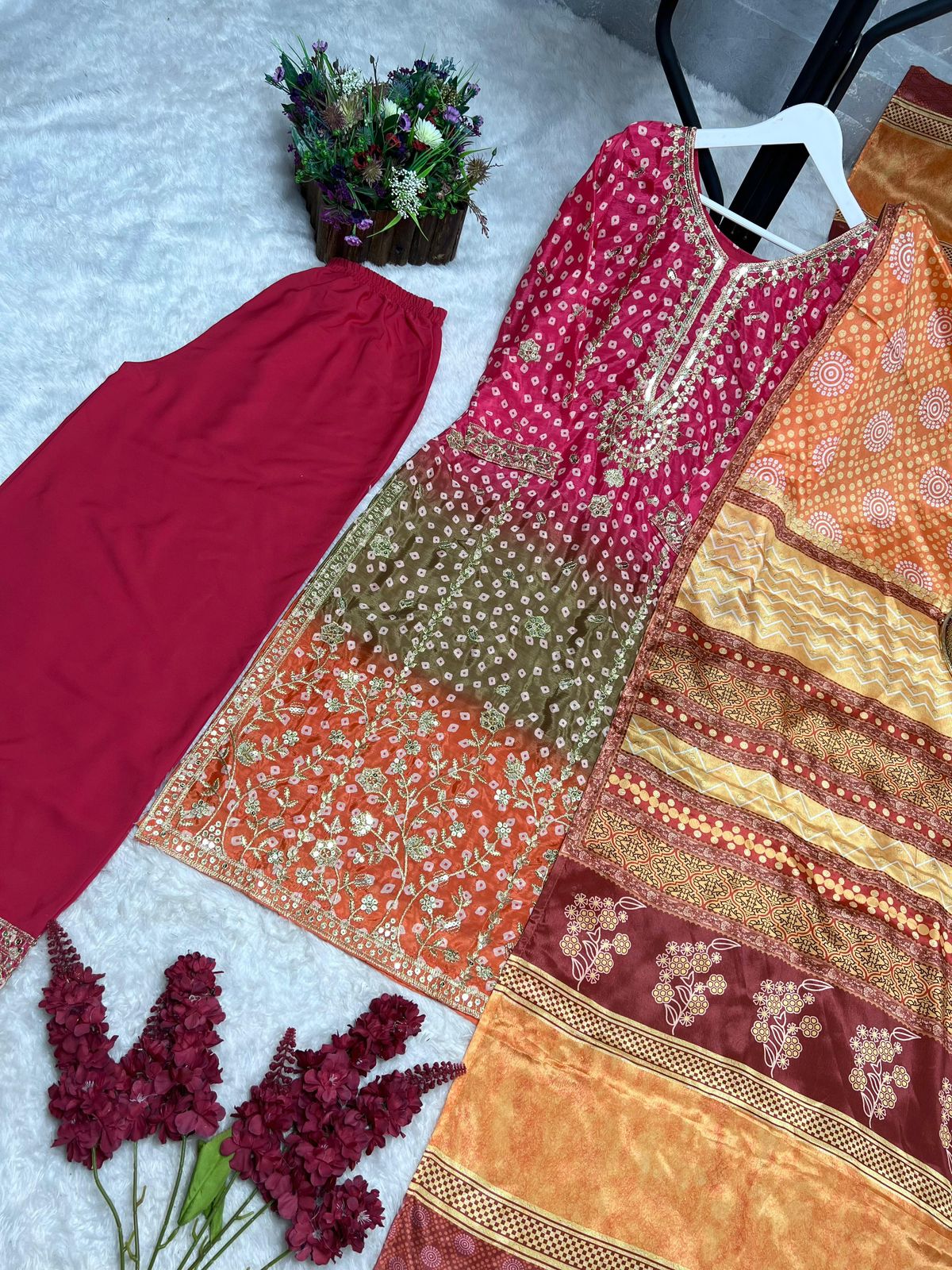 Printed Chinon Silk Long Kurti Palazzo Set with Dupatta