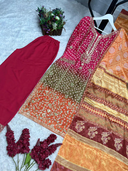 Printed Chinon Silk Long Kurti Palazzo Set with Dupatta