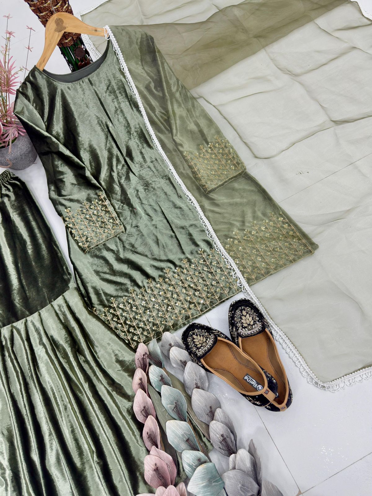 New Designer Party Wear Viscose Velvet Embroidered Top Sharara Set with Net Dupatta – Ready to Wear Ethnic Outfit