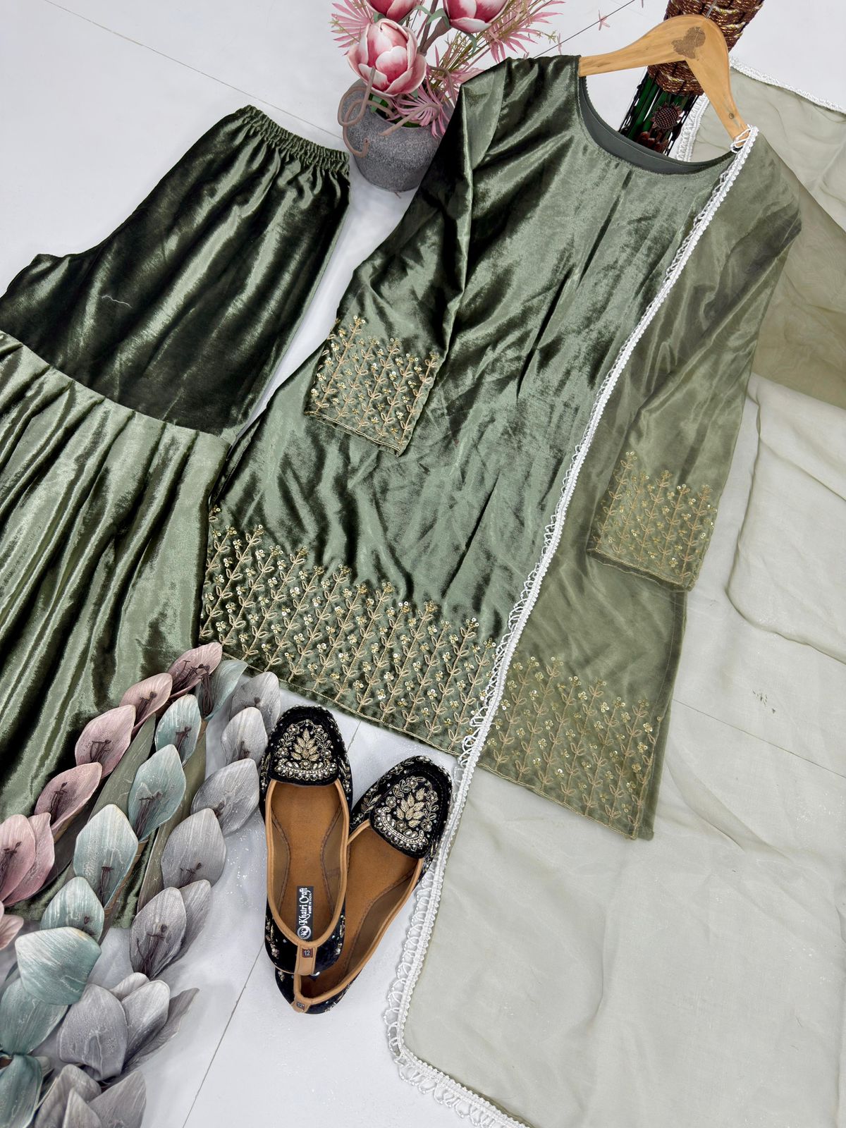 New Designer Party Wear Viscose Velvet Embroidered Top Sharara Set with Net Dupatta – Ready to Wear Ethnic Outfit