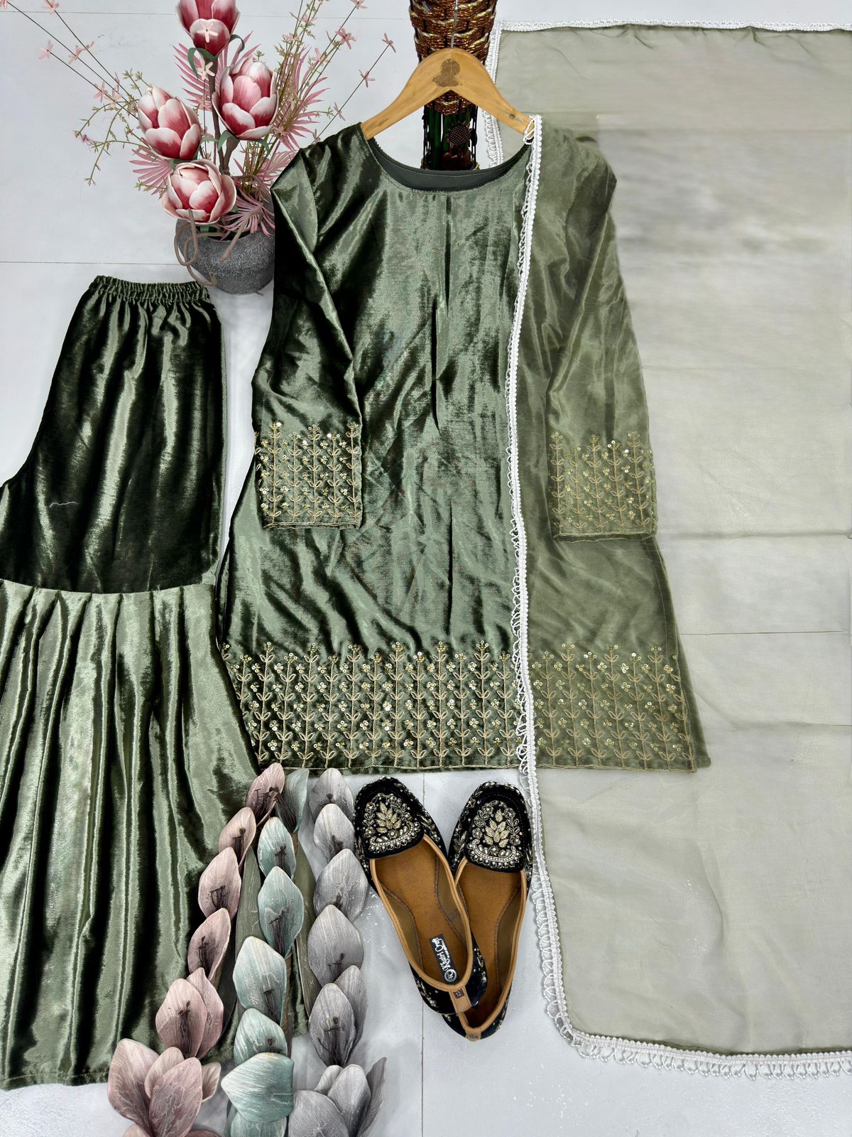 New Designer Party Wear Viscose Velvet Embroidered Top Sharara Set with Net Dupatta – Ready to Wear Ethnic Outfit