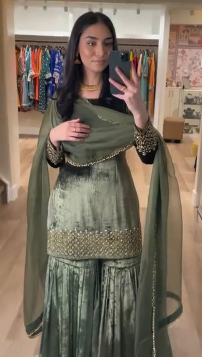 New Designer Party Wear Viscose Velvet Embroidered Top Sharara Set with Net Dupatta – Ready to Wear Ethnic Outfit