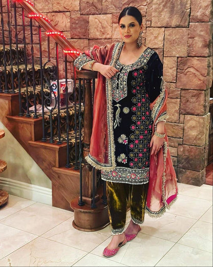 Premium Velvet Kurti Plazzo Set with Embroidered Organza Silk Dupatta – Heavy Work Ready-to-Wear