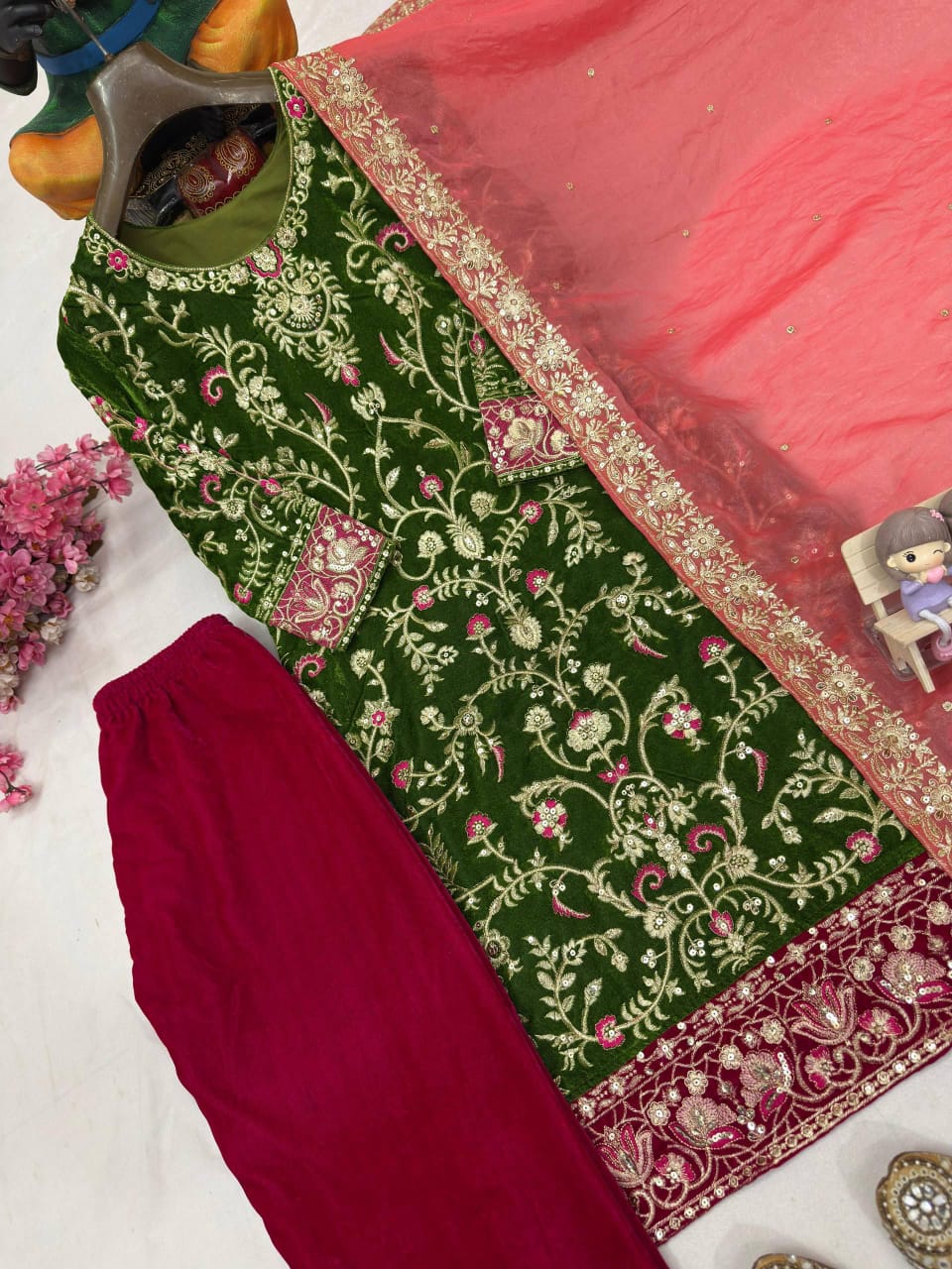 Designer Premium Velvet Kurti Plazzo Set with Sequin & Zari Embroidery and Fendi Silk Dupatta