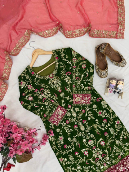 Designer Premium Velvet Kurti Plazzo Set with Sequin & Zari Embroidery and Fendi Silk Dupatta