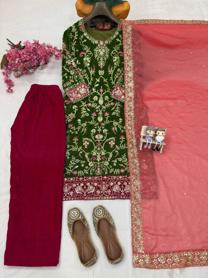 Designer Premium Velvet Kurti Plazzo Set with Sequin & Zari Embroidery and Fendi Silk Dupatta
