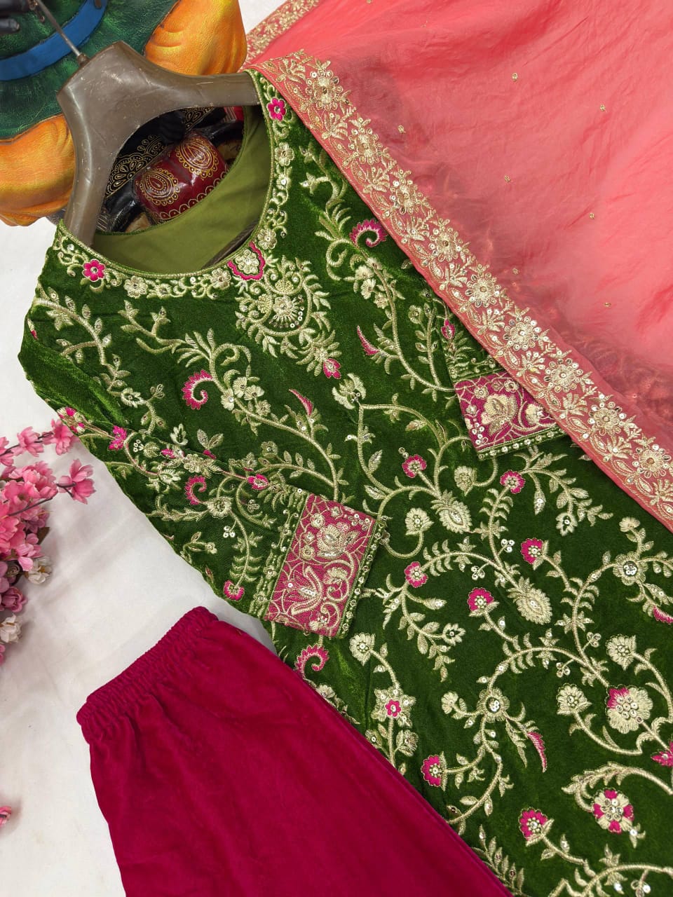 Designer Premium Velvet Kurti Plazzo Set with Sequin & Zari Embroidery and Fendi Silk Dupatta