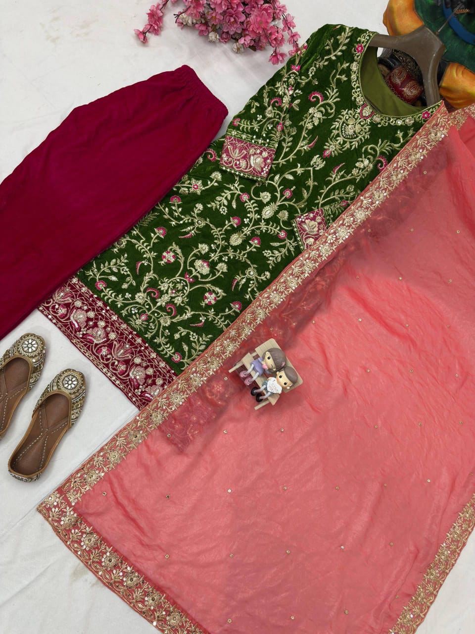 Designer Premium Velvet Kurti Plazzo Set with Sequin & Zari Embroidery and Fendi Silk Dupatta