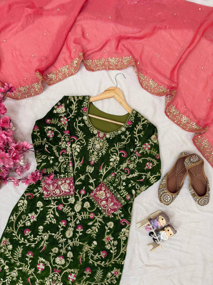 Designer Premium Velvet Kurti Plazzo Set with Sequin & Zari Embroidery and Fendi Silk Dupatta