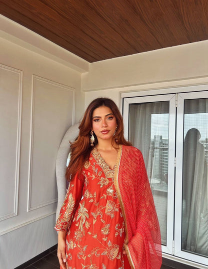 Chinon Silk Embroidered Kurti Pant Set with Printed Dupatta