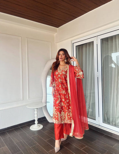 Chinon Silk Embroidered Kurti Pant Set with Printed Dupatta