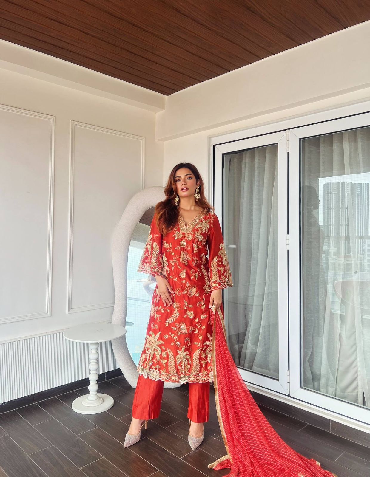 Chinon Silk Embroidered Kurti Pant Set with Printed Dupatta