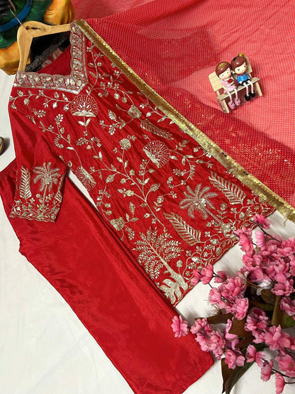 Chinon Silk Embroidered Kurti Pant Set with Printed Dupatta