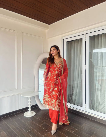 Chinon Silk Embroidered Kurti Pant Set with Printed Dupatta