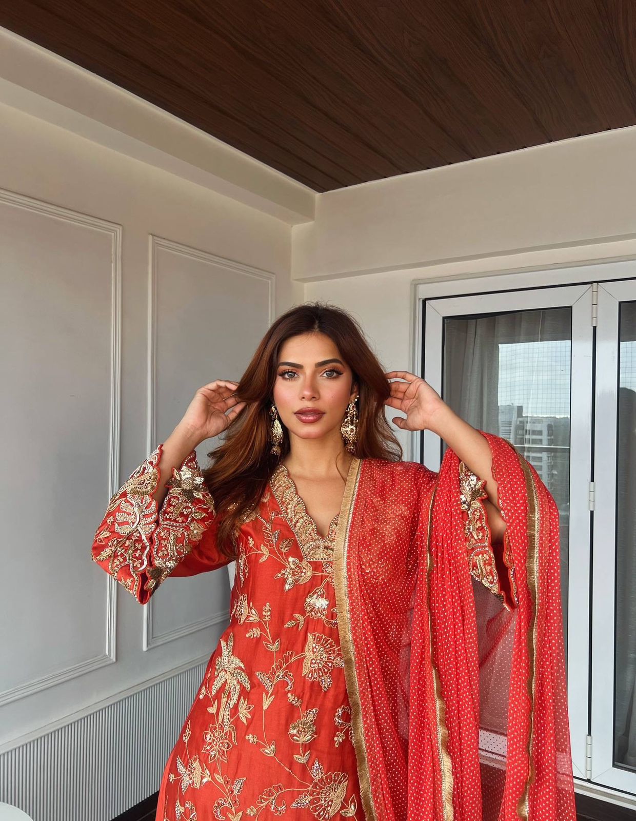 Chinon Silk Embroidered Kurti Pant Set with Printed Dupatta