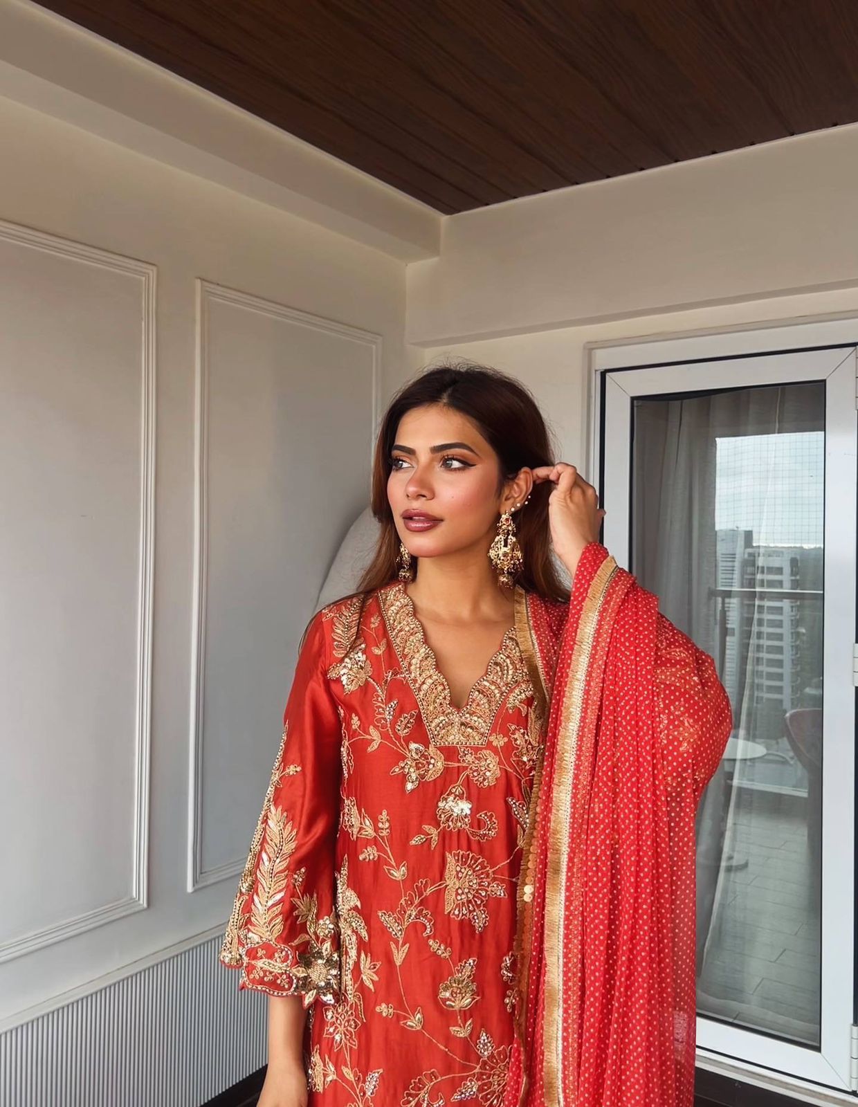 Chinon Silk Embroidered Kurti Pant Set with Printed Dupatta