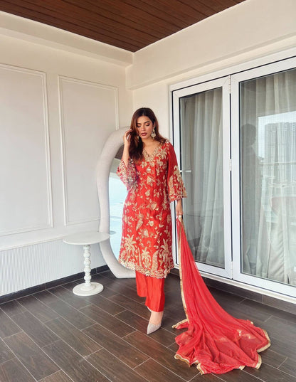 Chinon Silk Embroidered Kurti Pant Set with Printed Dupatta