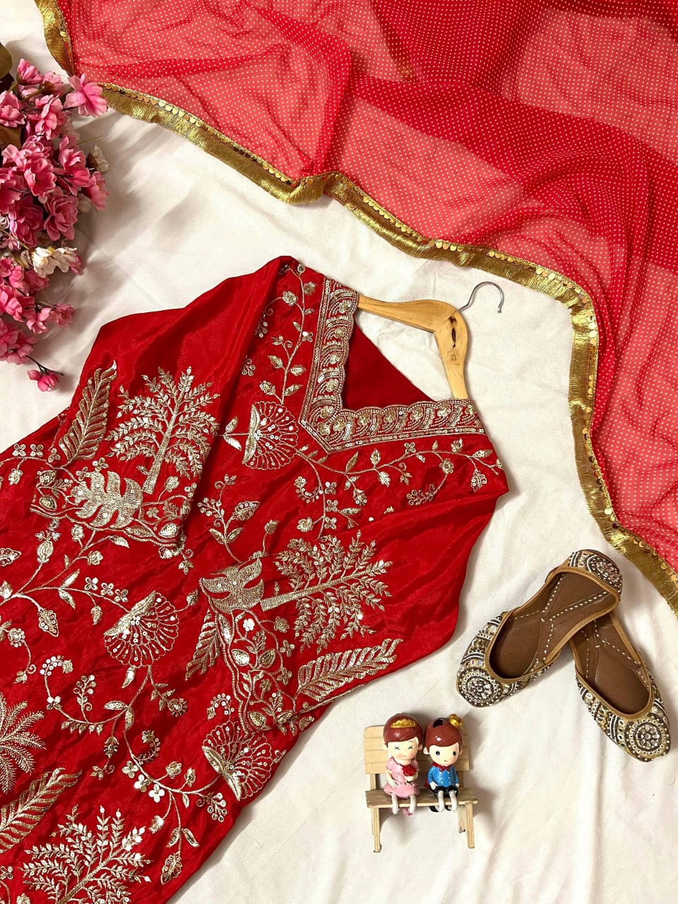 Chinon Silk Embroidered Kurti Pant Set with Printed Dupatta
