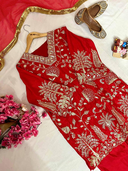 Chinon Silk Embroidered Kurti Pant Set with Printed Dupatta