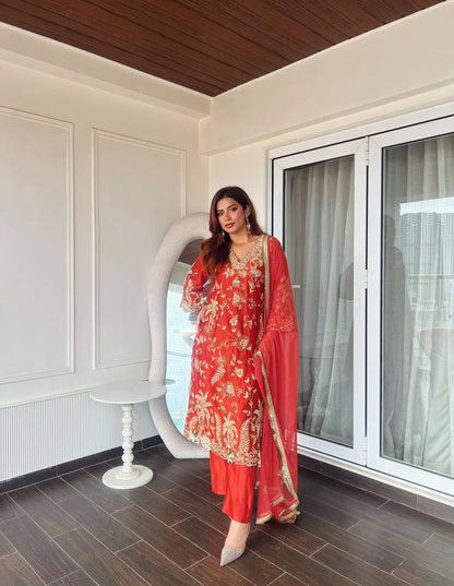 Chinon Silk Embroidered Kurti Pant Set with Printed Dupatta