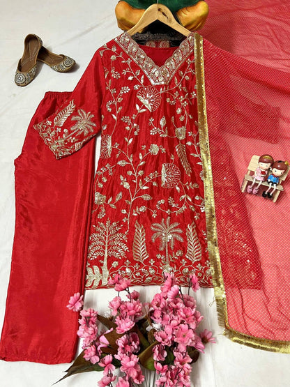 Chinon Silk Embroidered Kurti Pant Set with Printed Dupatta