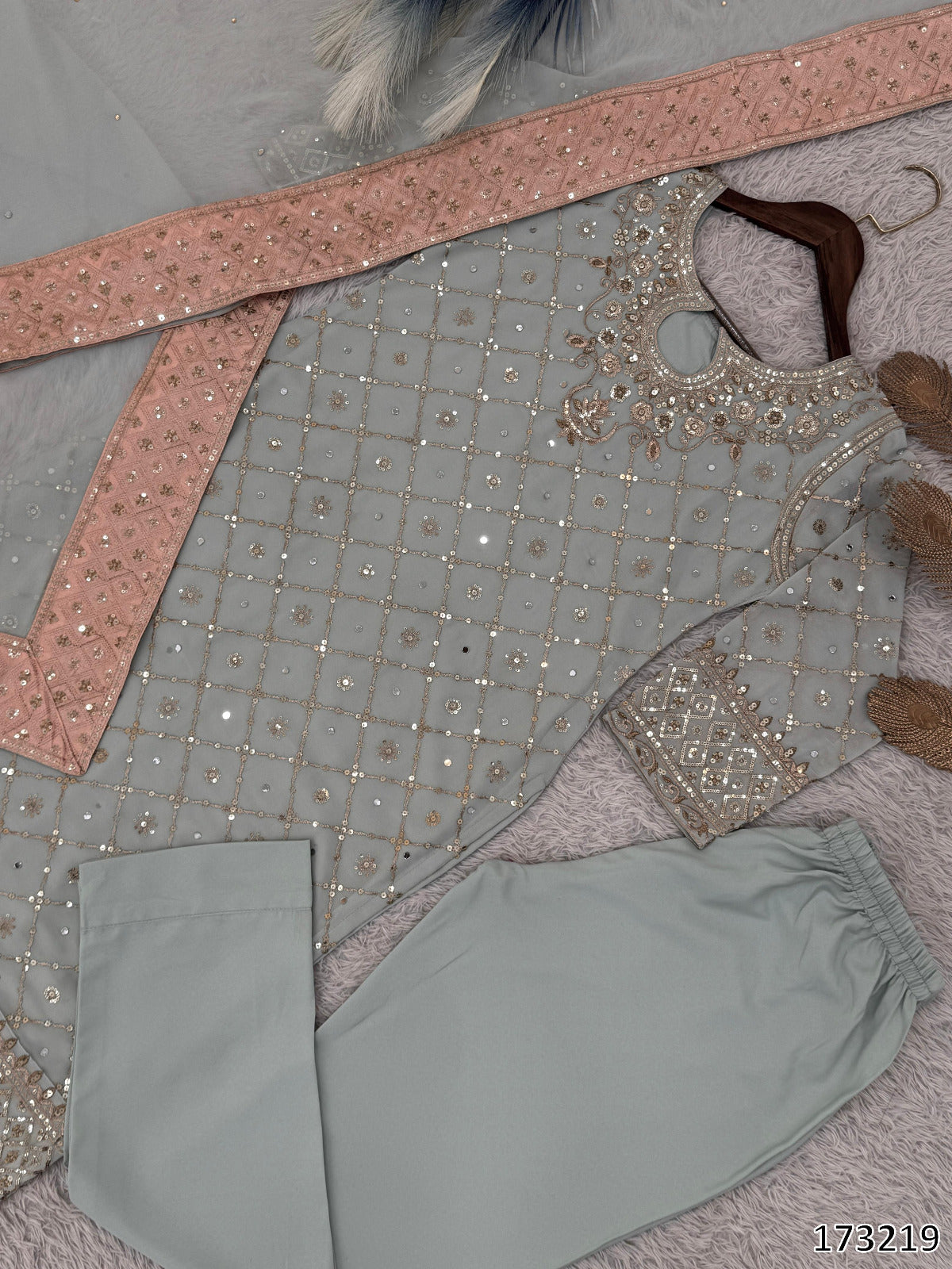 Faux Georgette Embroidered Top-Pant with Dupatta Set | Mirror Work | Ready to Wear