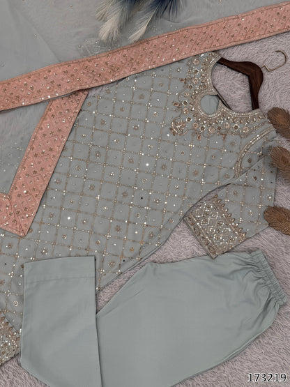 Faux Georgette Embroidered Top-Pant with Dupatta Set | Mirror Work | Ready to Wear