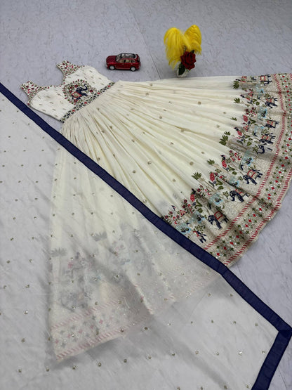 Festival Wear Chinon Gown with Embroidery & Sequin Work | Fully Stitched Designer Gown with Dupatta