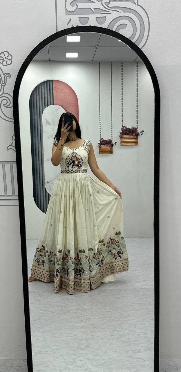 Festival Wear Chinon Gown with Embroidery & Sequin Work | Fully Stitched Designer Gown with Dupatta