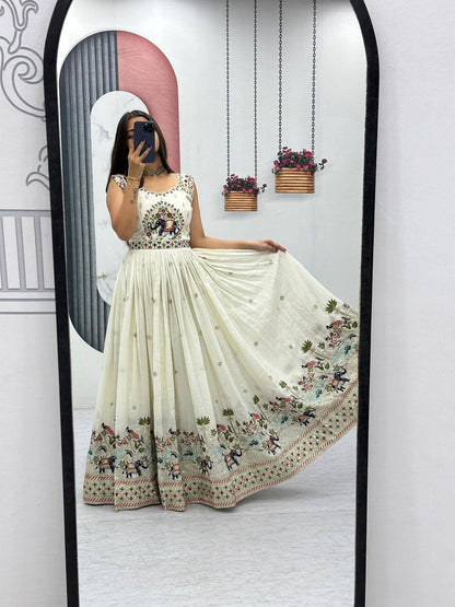 Festival Wear Chinon Gown with Embroidery & Sequin Work | Fully Stitched Designer Gown with Dupatta