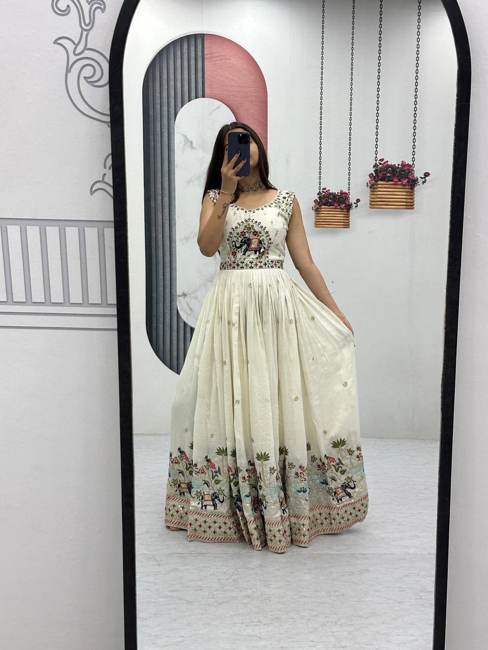Festival Wear Chinon Gown with Embroidery & Sequin Work | Fully Stitched Designer Gown with Dupatta
