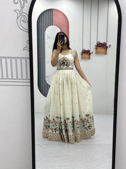 Festival Wear Chinon Gown with Embroidery & Sequin Work | Fully Stitched Designer Gown with Dupatta