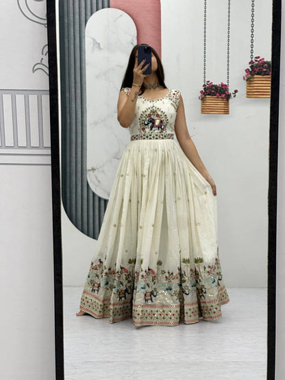 Festival Wear Chinon Gown with Embroidery & Sequin Work | Fully Stitched Designer Gown with Dupatta