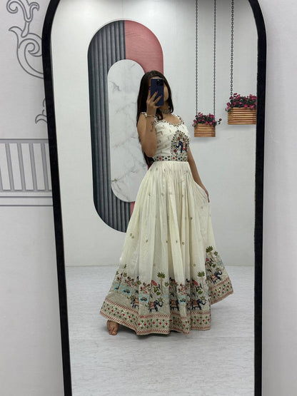 Festival Wear Chinon Gown with Embroidery & Sequin Work | Fully Stitched Designer Gown with Dupatta