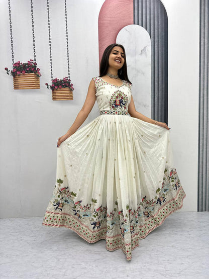 Festival Wear Chinon Gown with Embroidery & Sequin Work | Fully Stitched Designer Gown with Dupatta