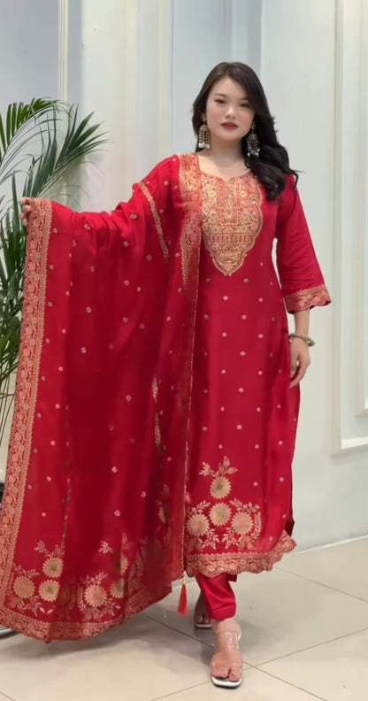 Wedding Special Pure Banarasi Suit Set with Pant & Zari Jacquard Dupatta