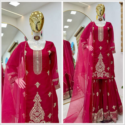 Designer Party Wear Top Palazzo & Dupatta Set in Diamond Georgette with Sequin Embroidery