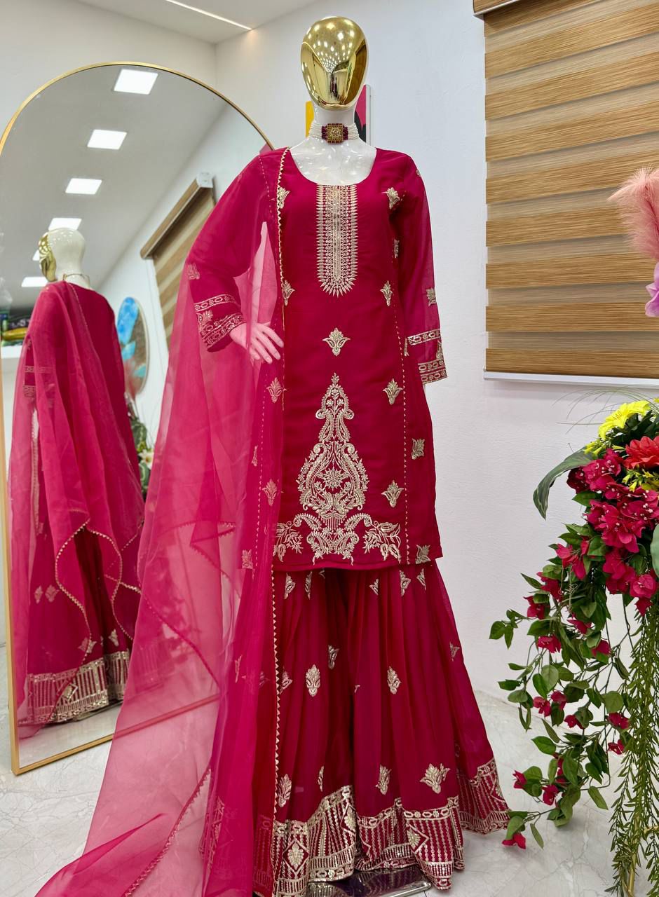 Designer Party Wear Top Palazzo & Dupatta Set in Diamond Georgette with Sequin Embroidery