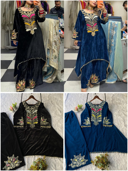 2026 Exclusive Velvet Embroidered Co-Ord Set for Women | Premium Winter Top & Plazzo with Sequin Work