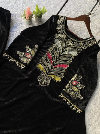 2026 Exclusive Velvet Embroidered Co-Ord Set for Women | Premium Winter Top & Plazzo with Sequin Work