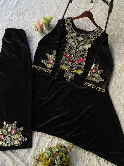 2026 Exclusive Velvet Embroidered Co-Ord Set for Women | Premium Winter Top & Plazzo with Sequin Work